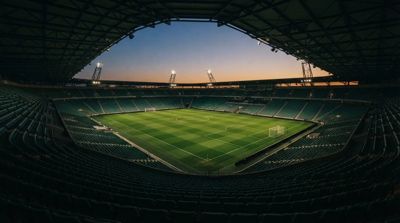 An empty football stadium with floodlight masts at dusk