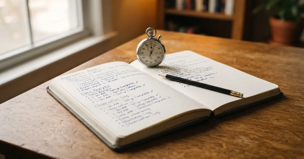 An open notebook with a pencil and a stopwatch on a wooden table