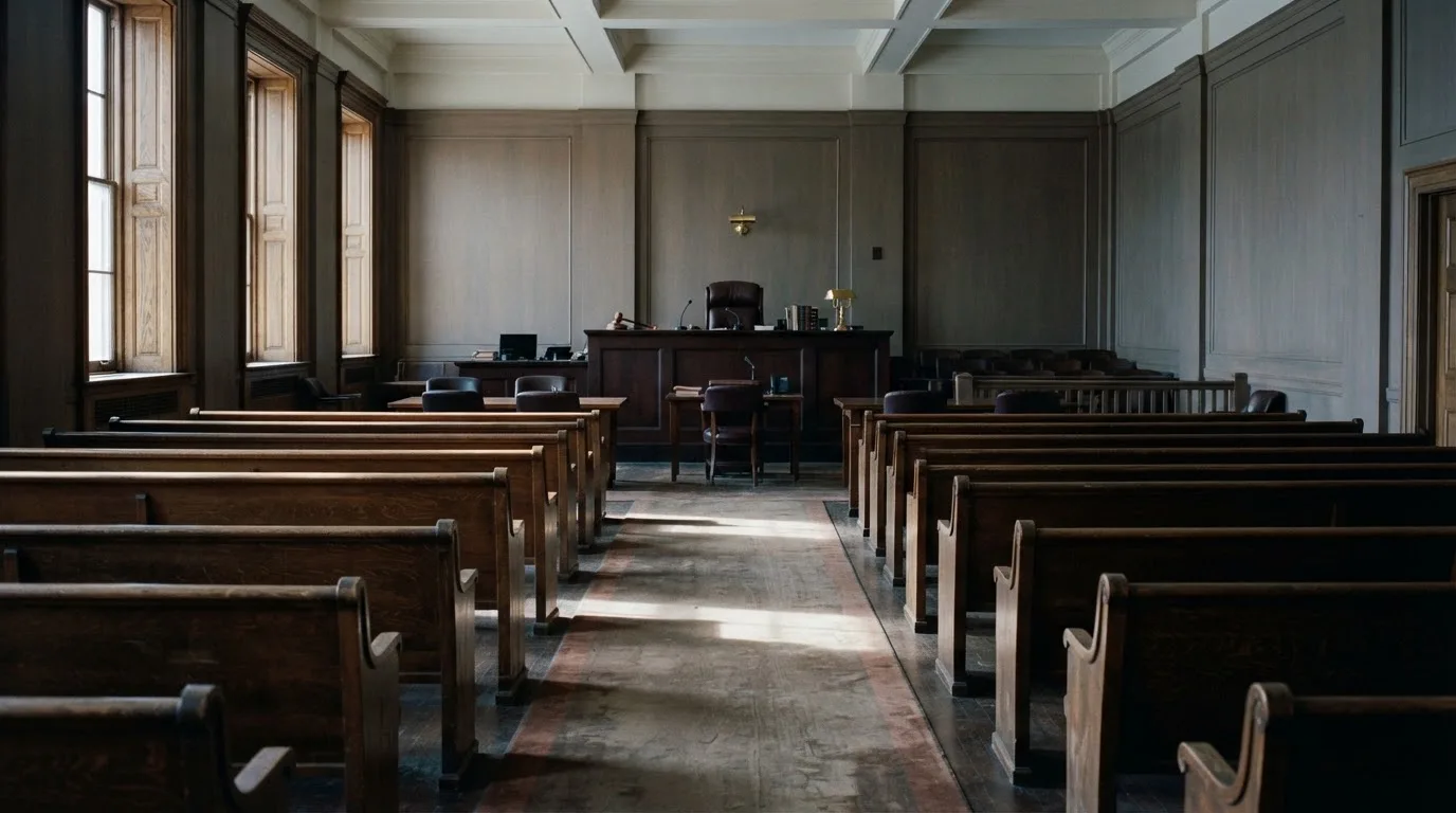 An empty courtroom with wooden benches in morning light