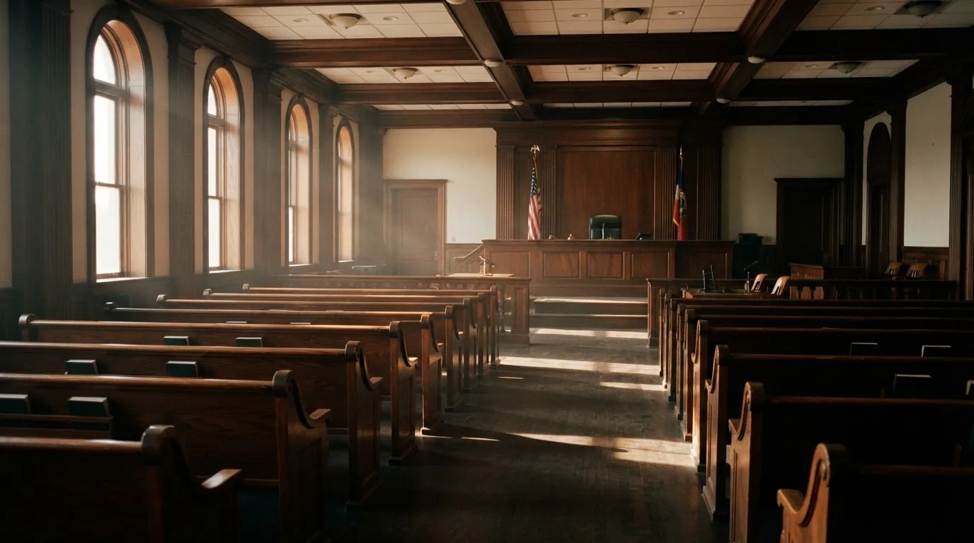 An empty courtroom with wooden benches in morning light