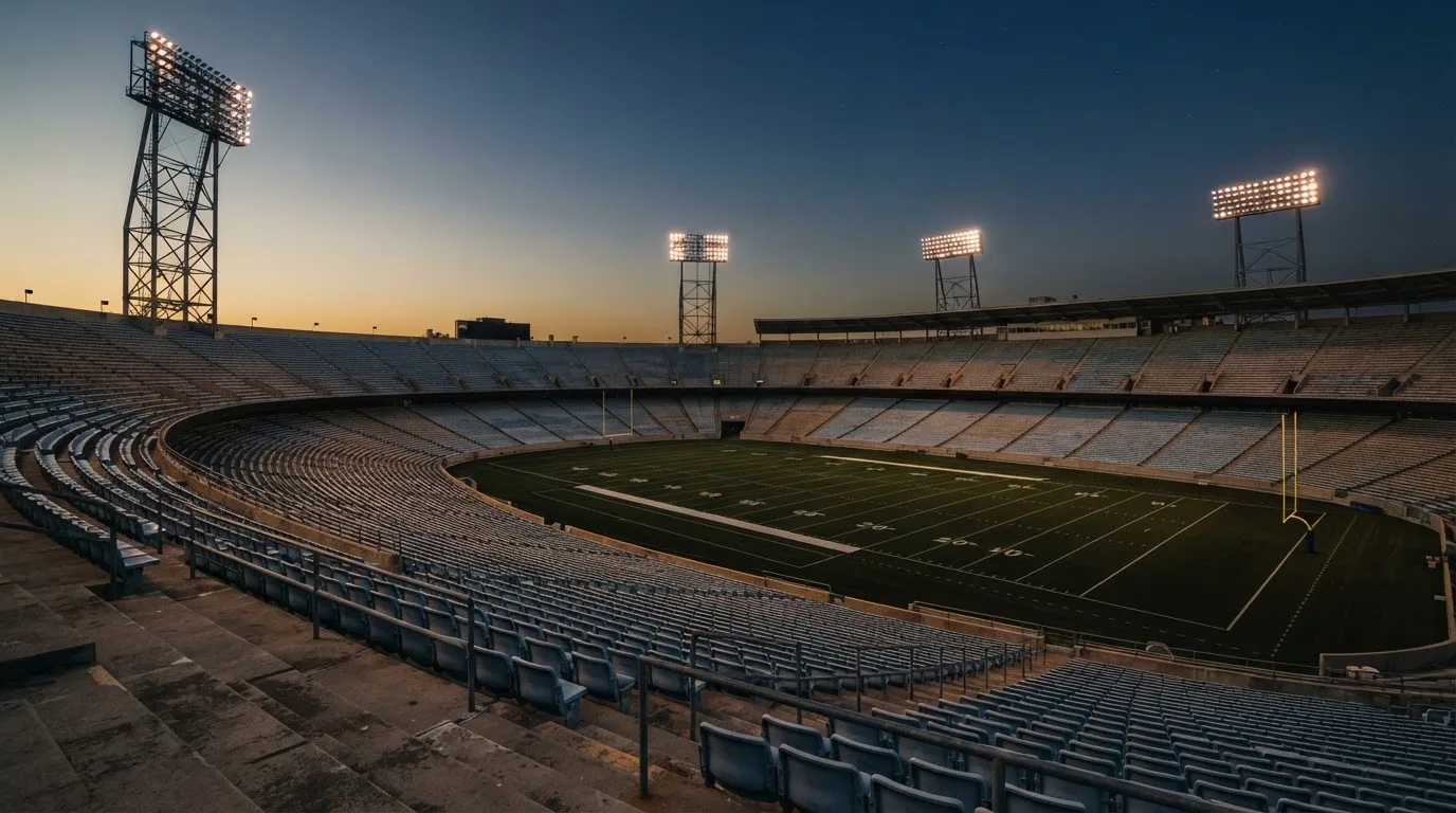 An empty football stadium with floodlight masts at dusk