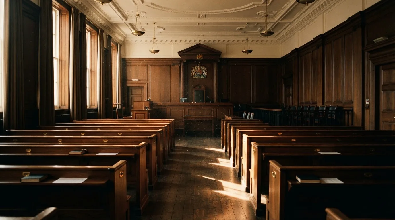 An empty courtroom with wooden benches in morning light