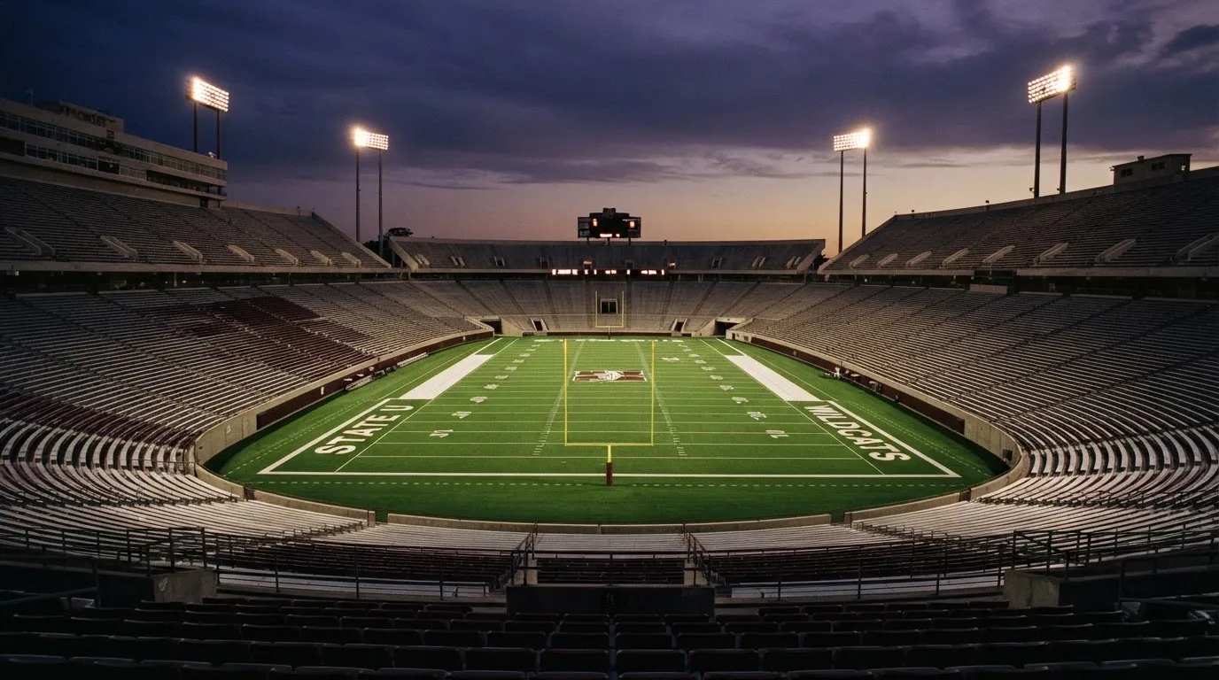 An empty football stadium with floodlight masts at dusk