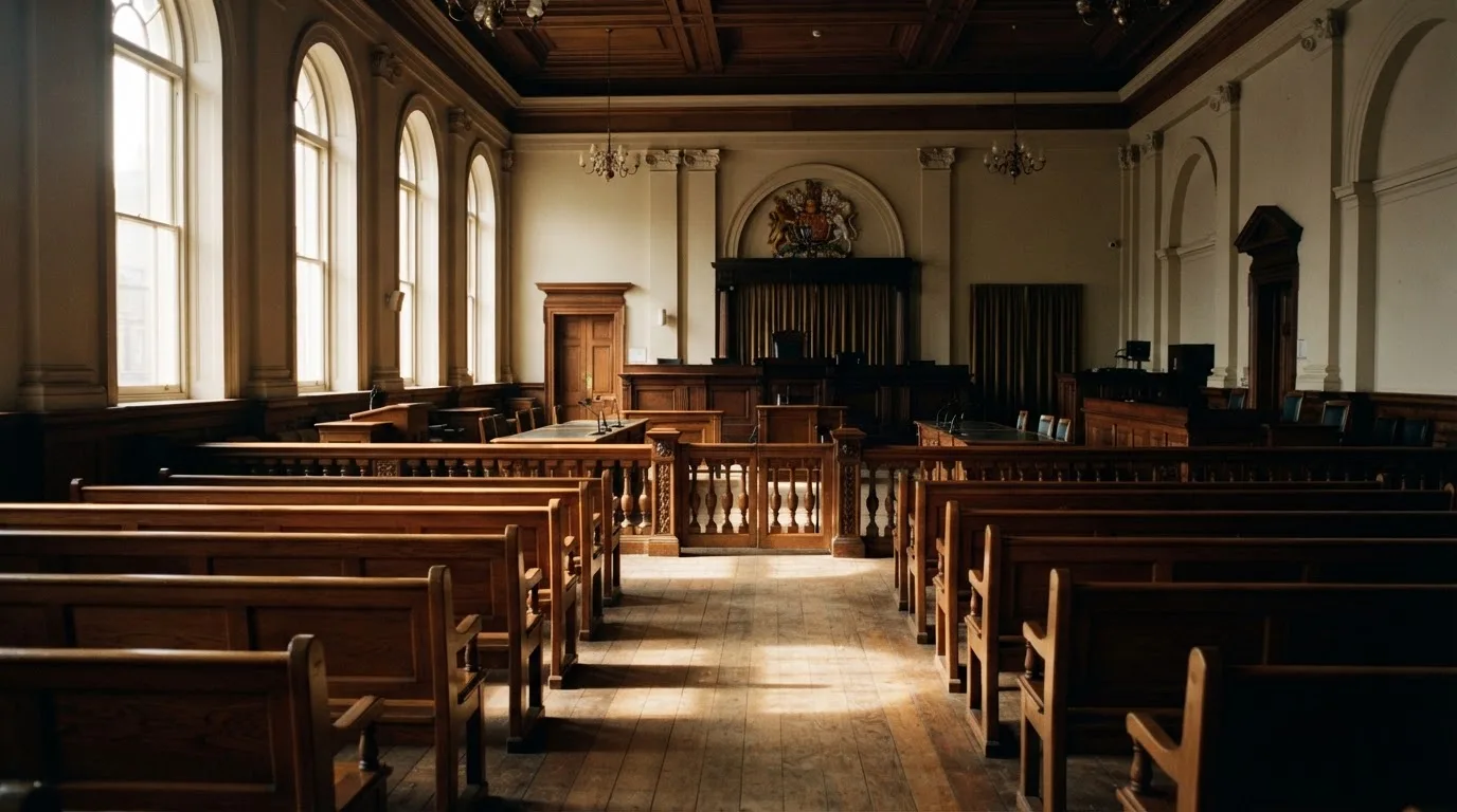 An empty courtroom with wooden benches in morning light