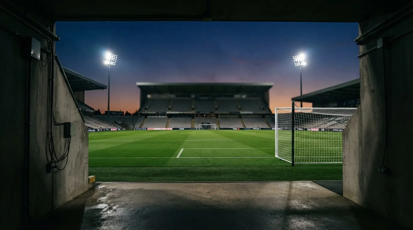 An empty football stadium with floodlight masts at dusk