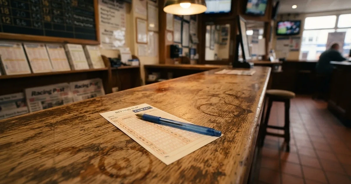 A blank paper betting slip beside a pen on a wooden counter
