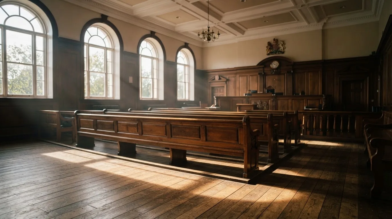 An empty courtroom with wooden benches in morning light
