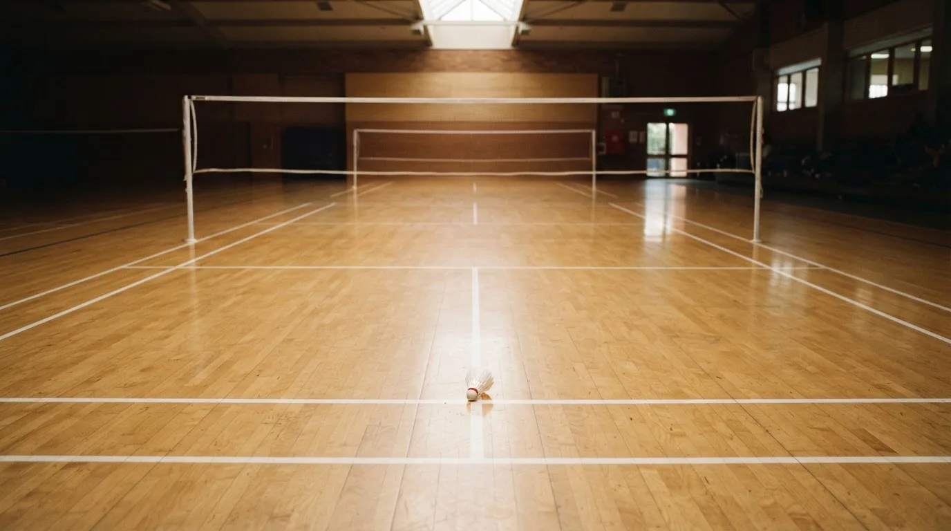 An empty courtroom with wooden benches in morning light