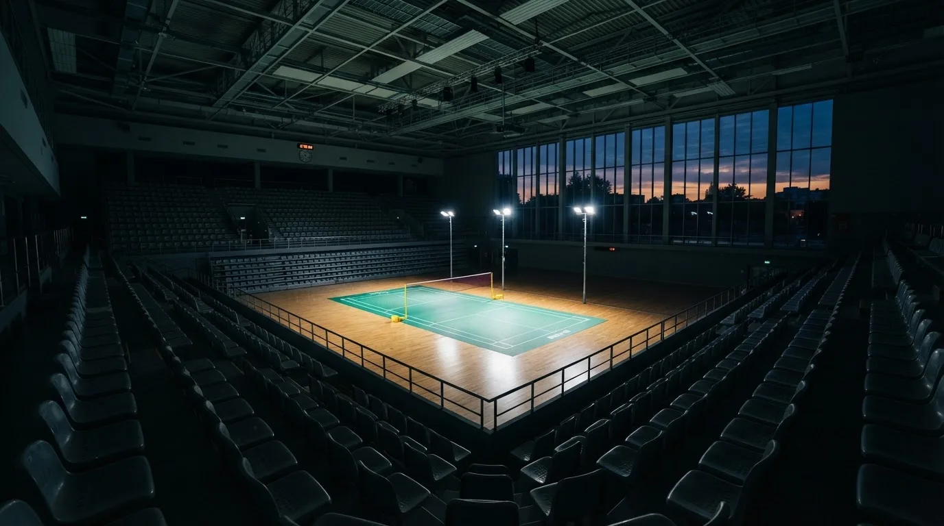 An empty football stadium with floodlight masts at dusk