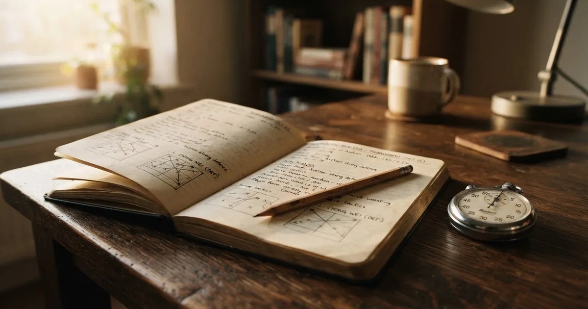 An open notebook with a pencil and a stopwatch on a wooden table