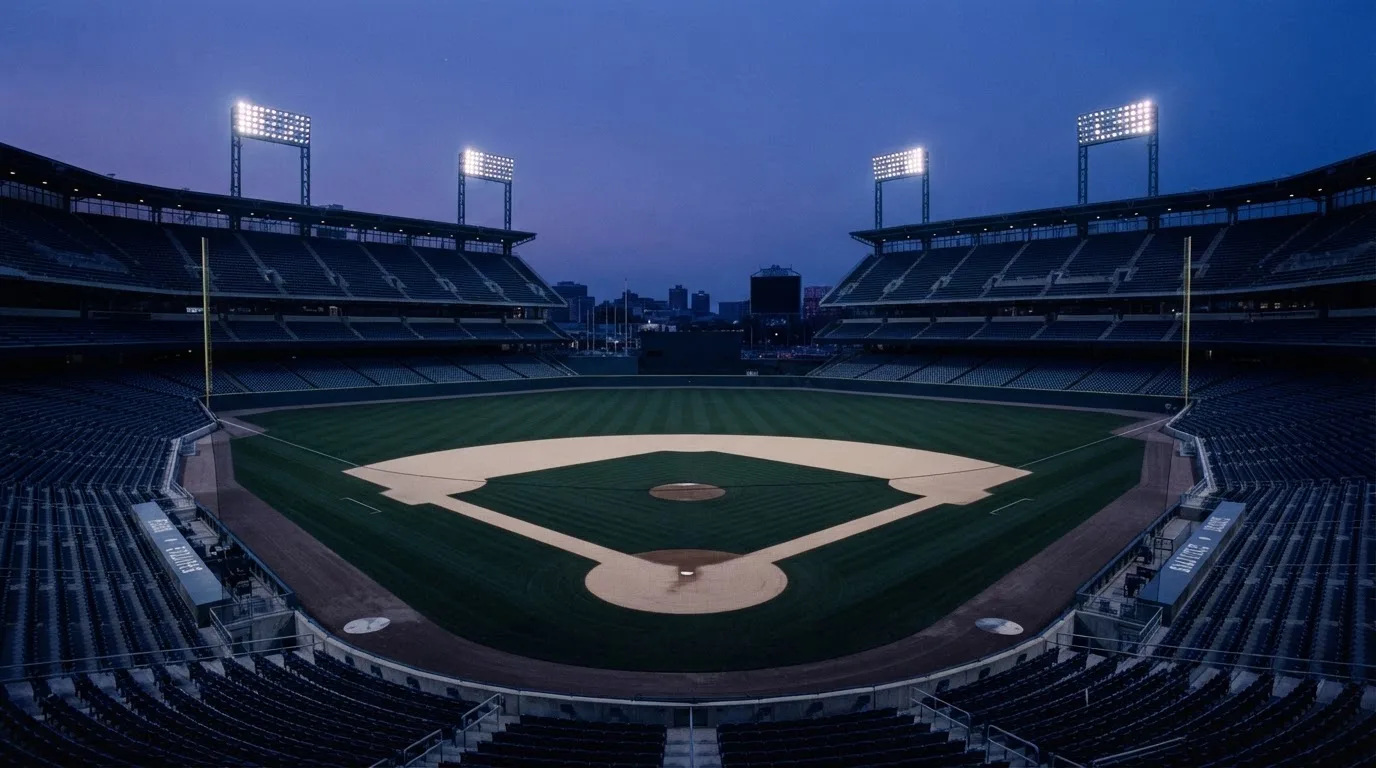 An empty football stadium with floodlight masts at dusk