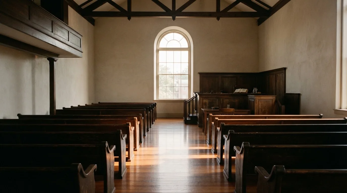An empty courtroom with wooden benches in morning light