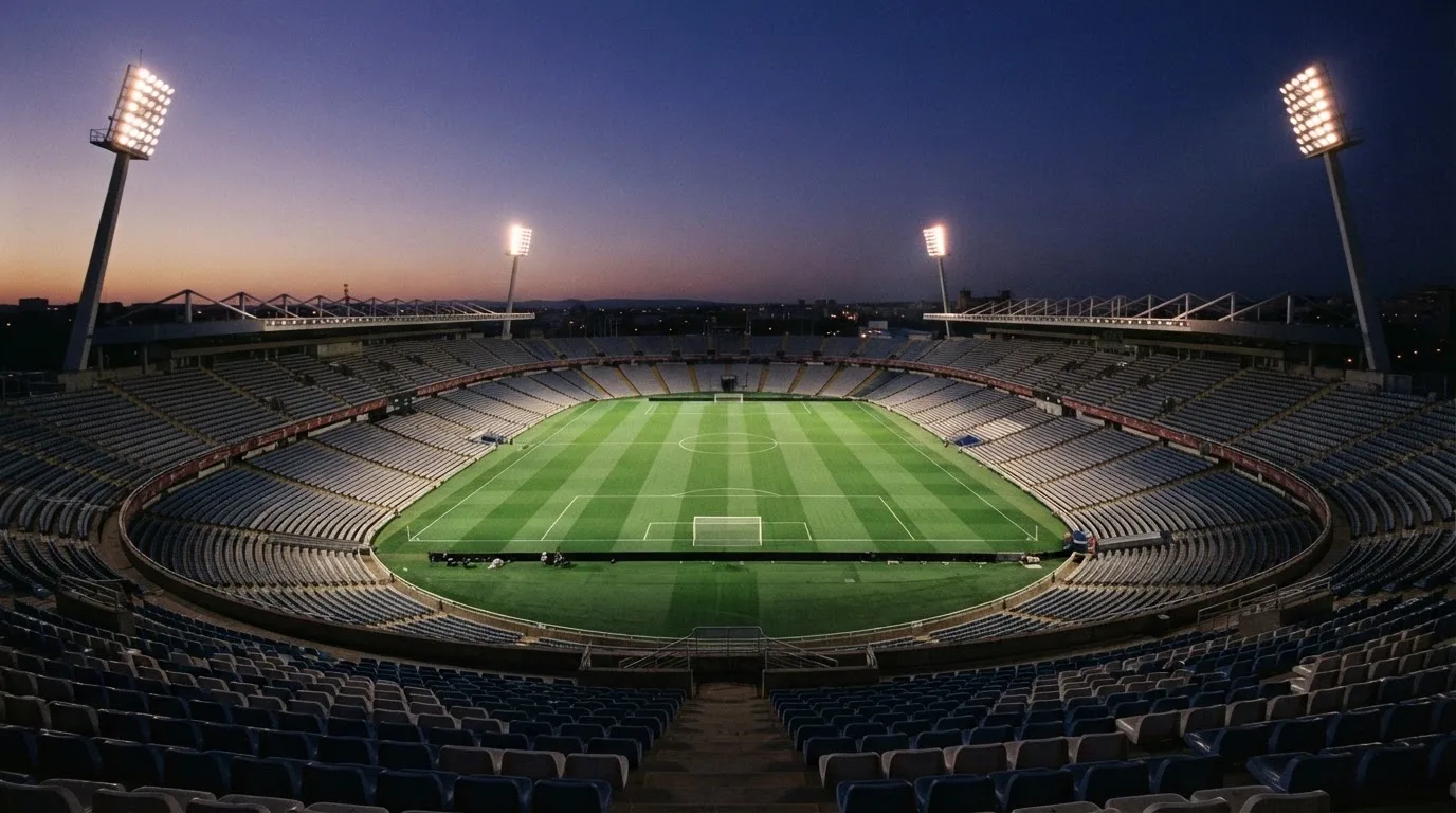 An empty football stadium with floodlight masts at dusk