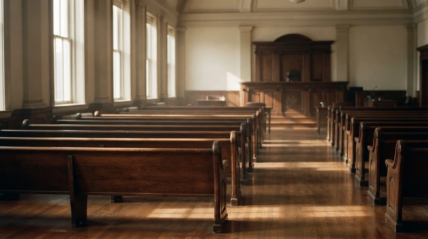 An empty courtroom with wooden benches in morning light