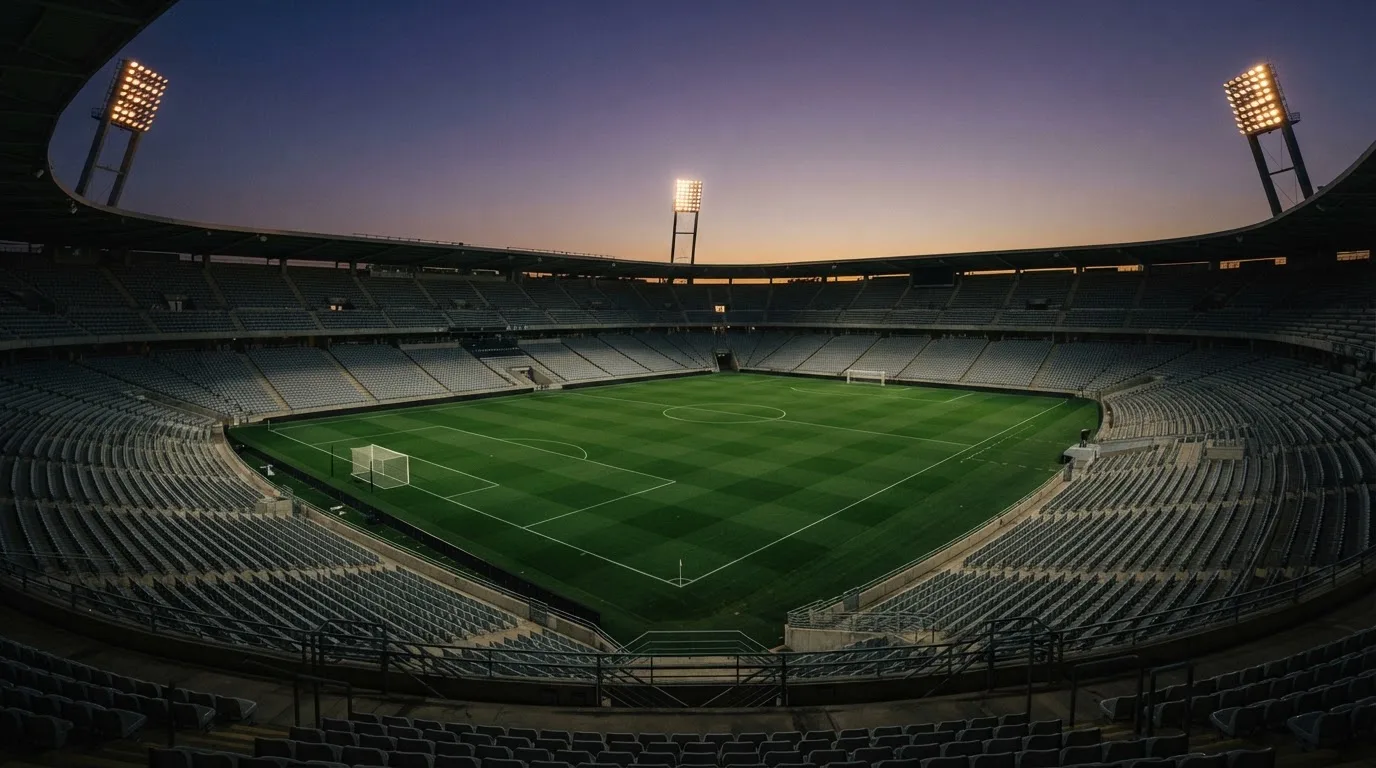 An empty football stadium with floodlight masts at dusk
