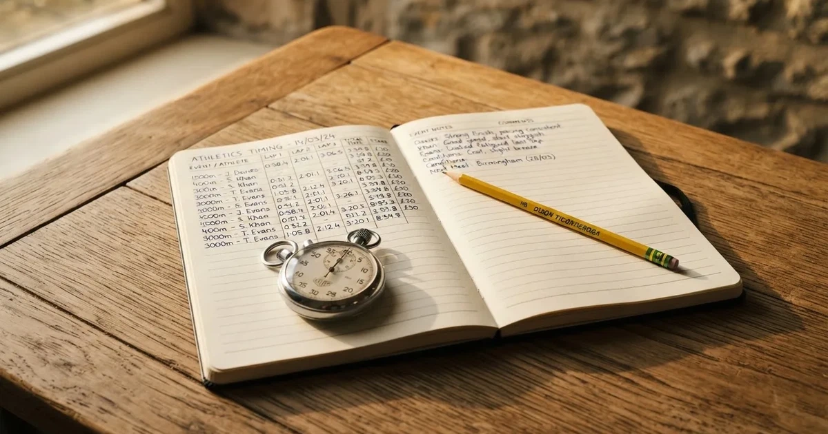 An open notebook with a pencil and a stopwatch on a wooden table