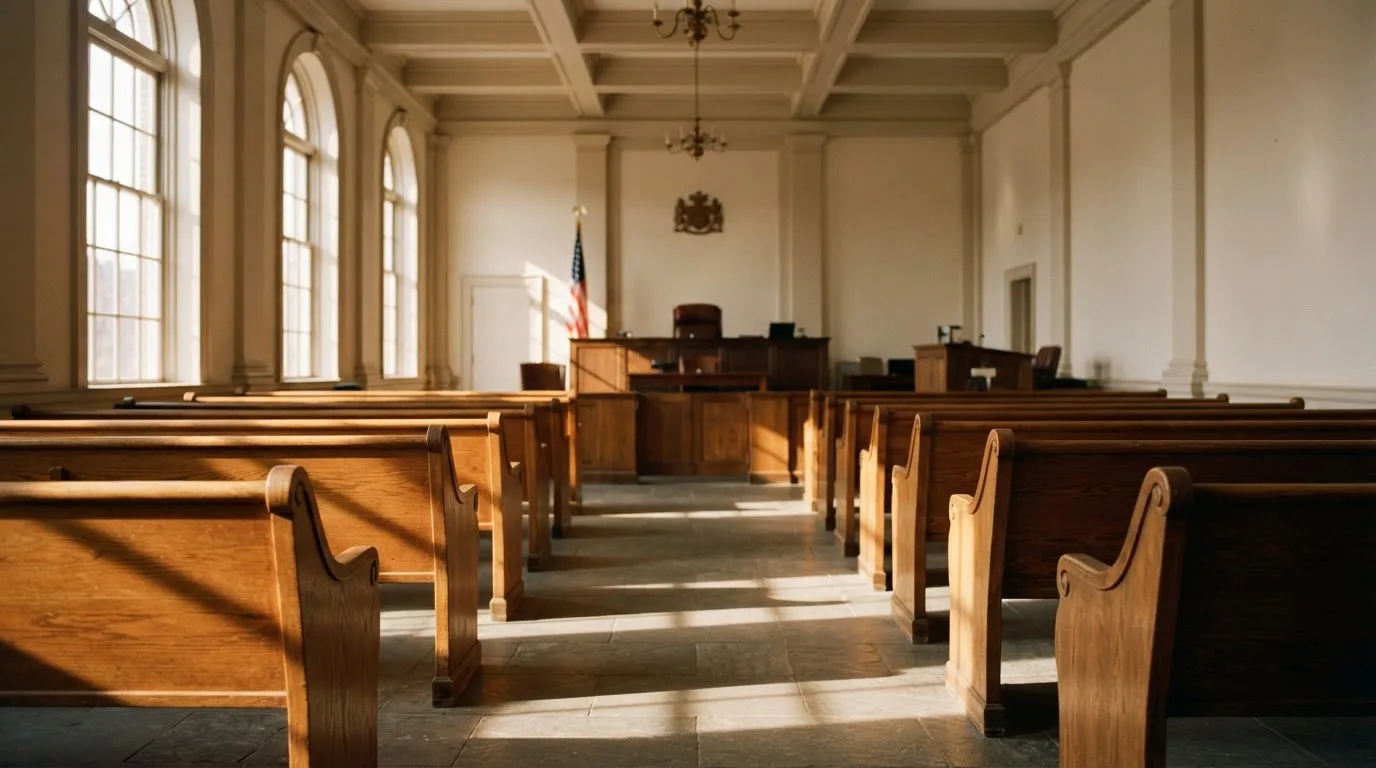 An empty courtroom with wooden benches in morning light