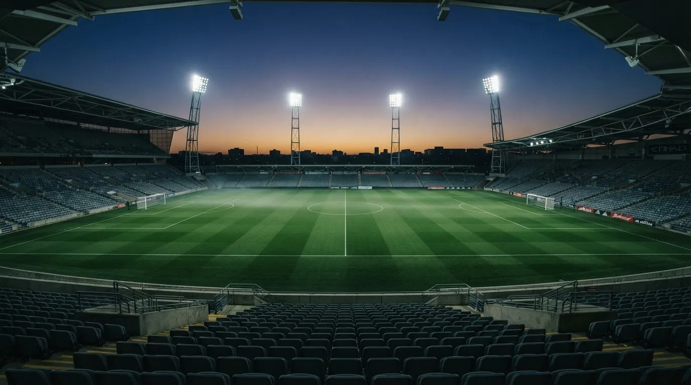 An empty football stadium with floodlight masts at dusk