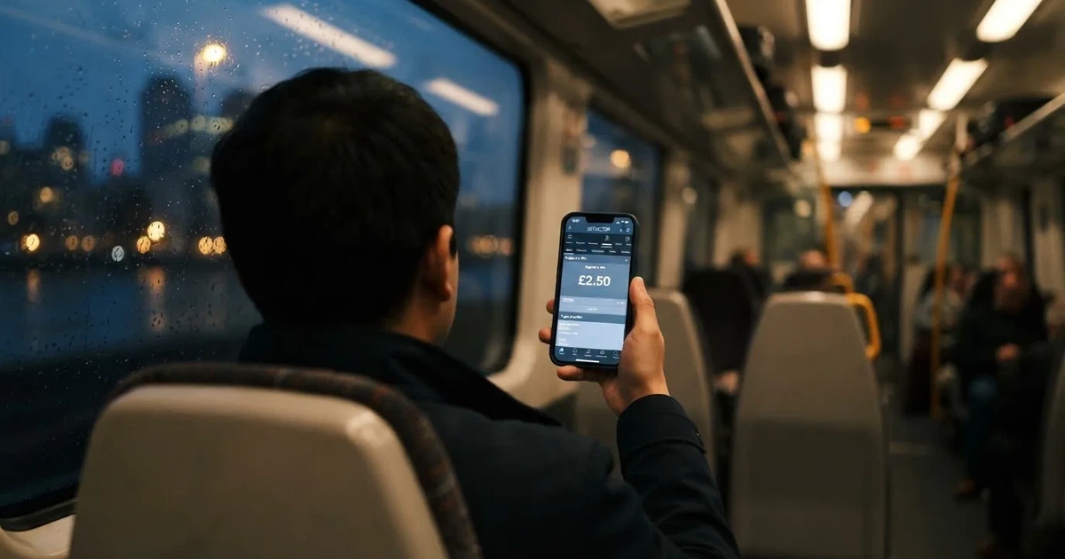 A hand holding a smartphone on a train in the evening, screen turned away