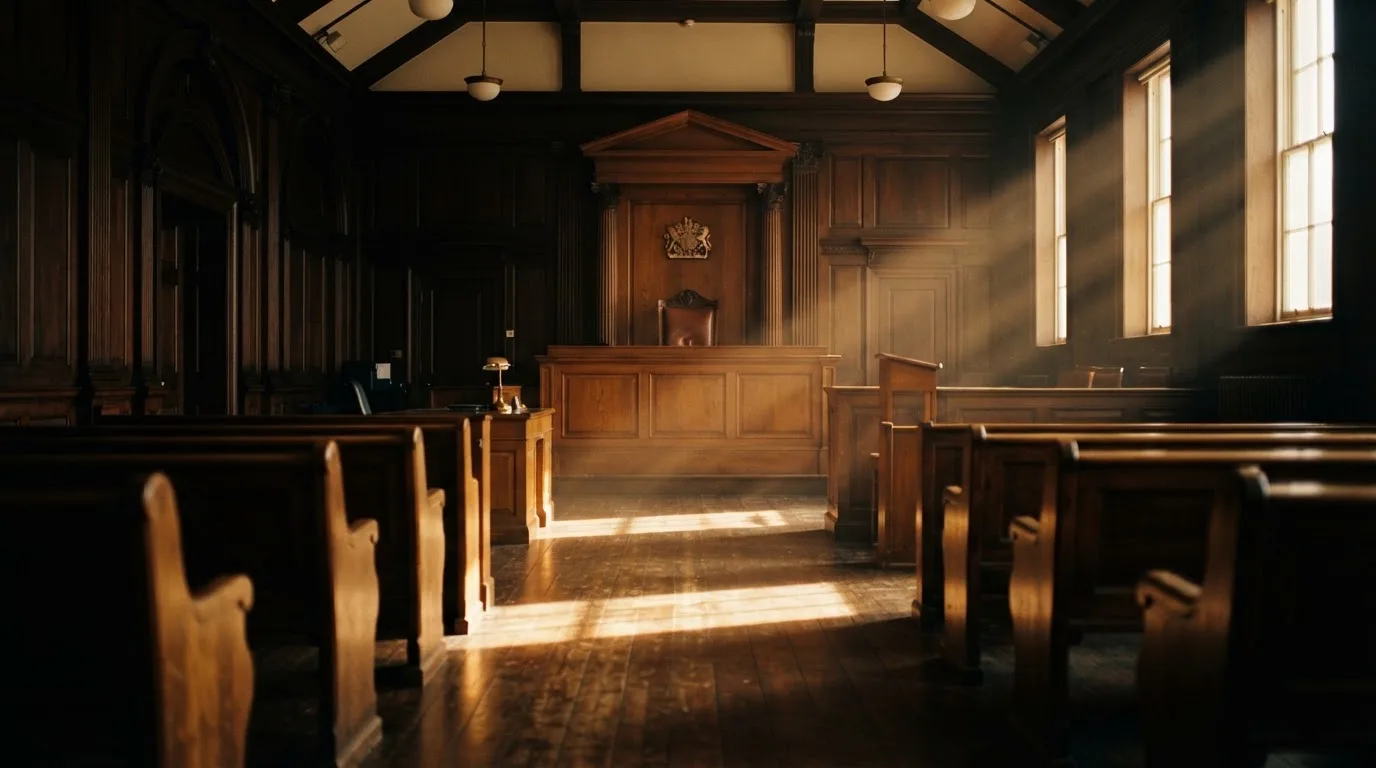 An empty courtroom with wooden benches in morning light