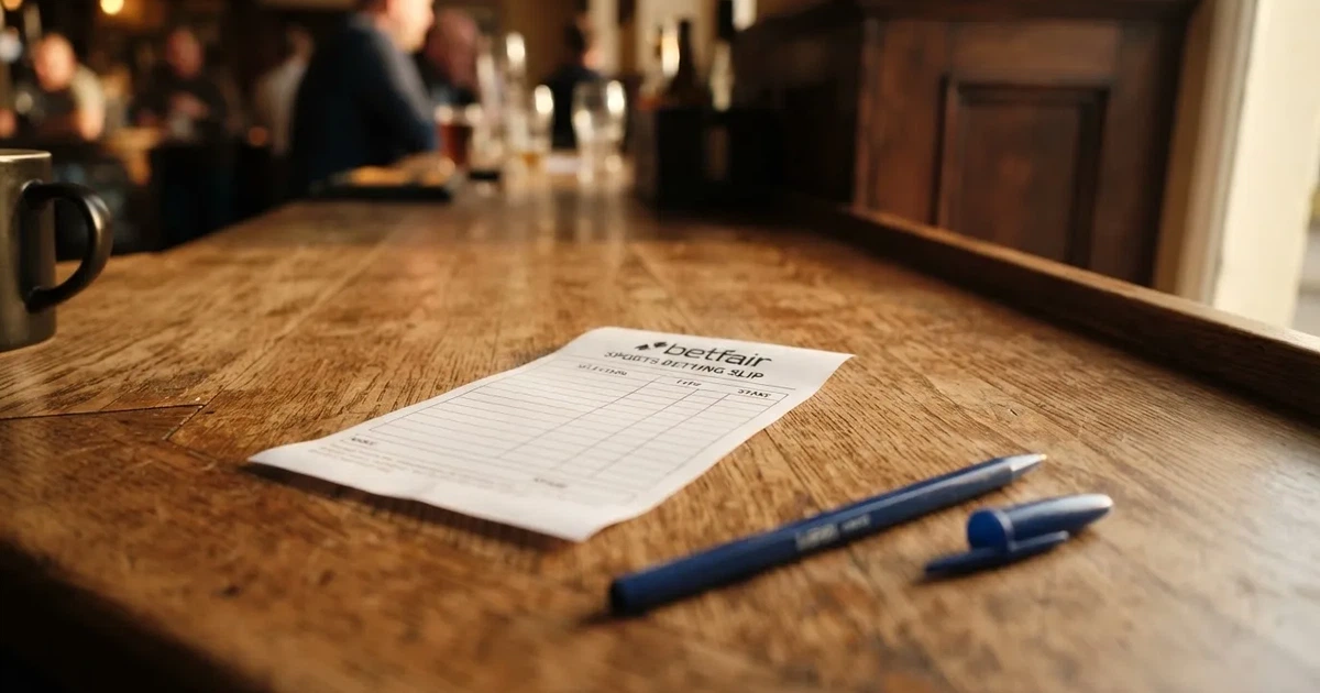 A blank paper betting slip beside a pen on a wooden counter