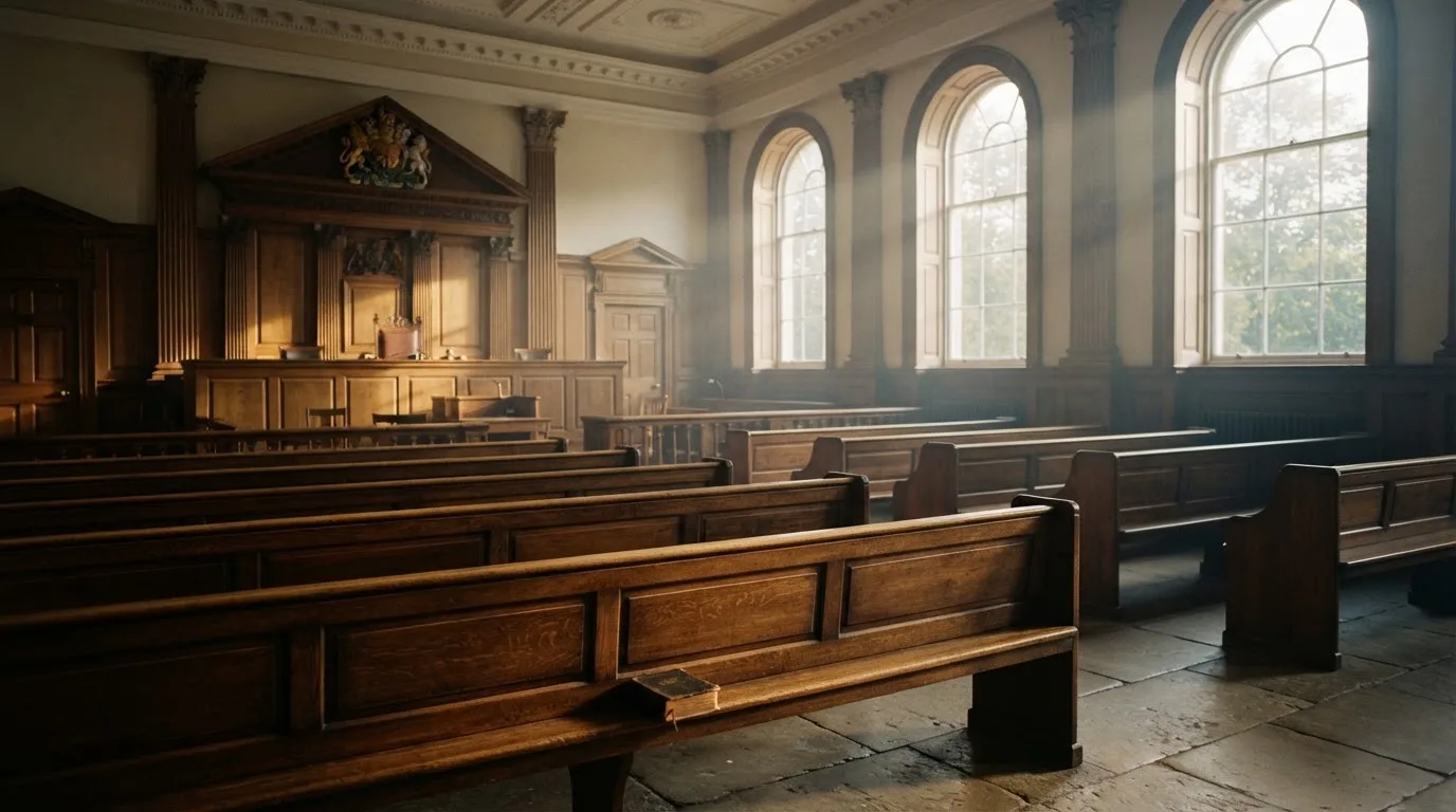 An empty courtroom with wooden benches in morning light