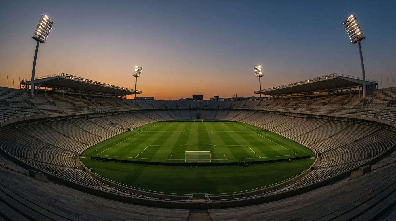 An empty football stadium with floodlight masts at dusk