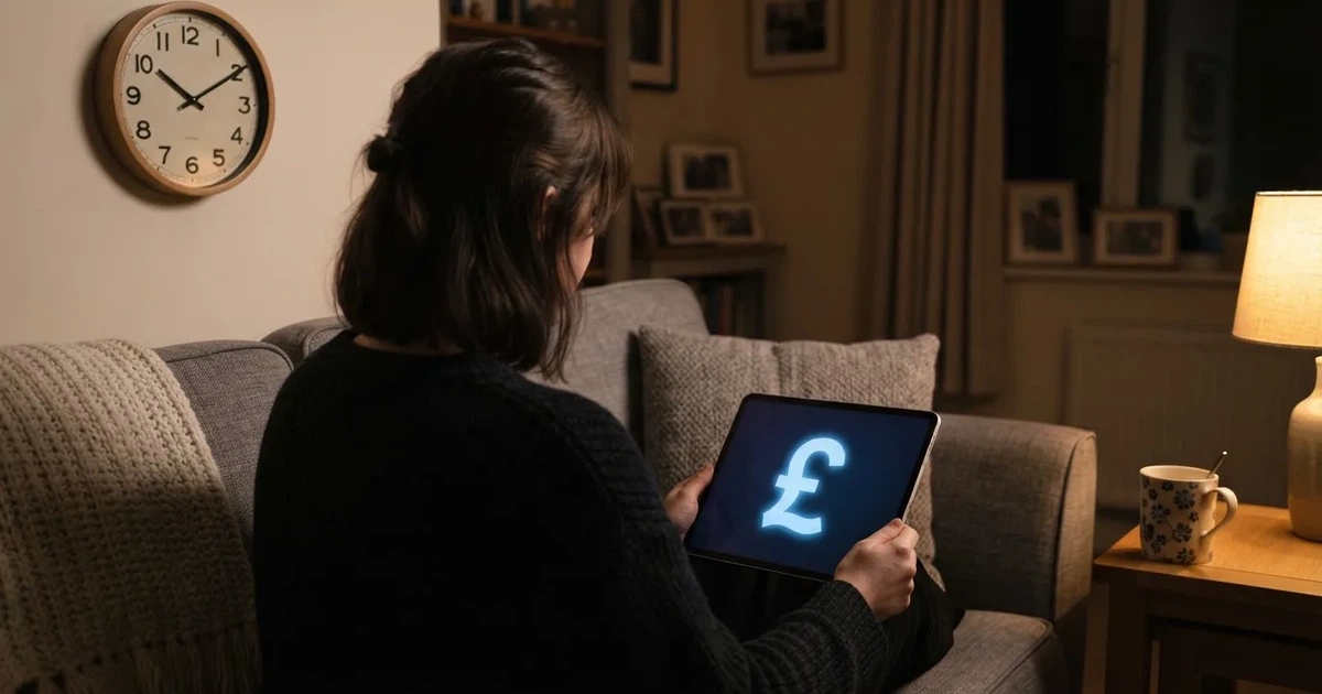 A person on a sofa looking thoughtfully at a tablet, a wall clock in the background