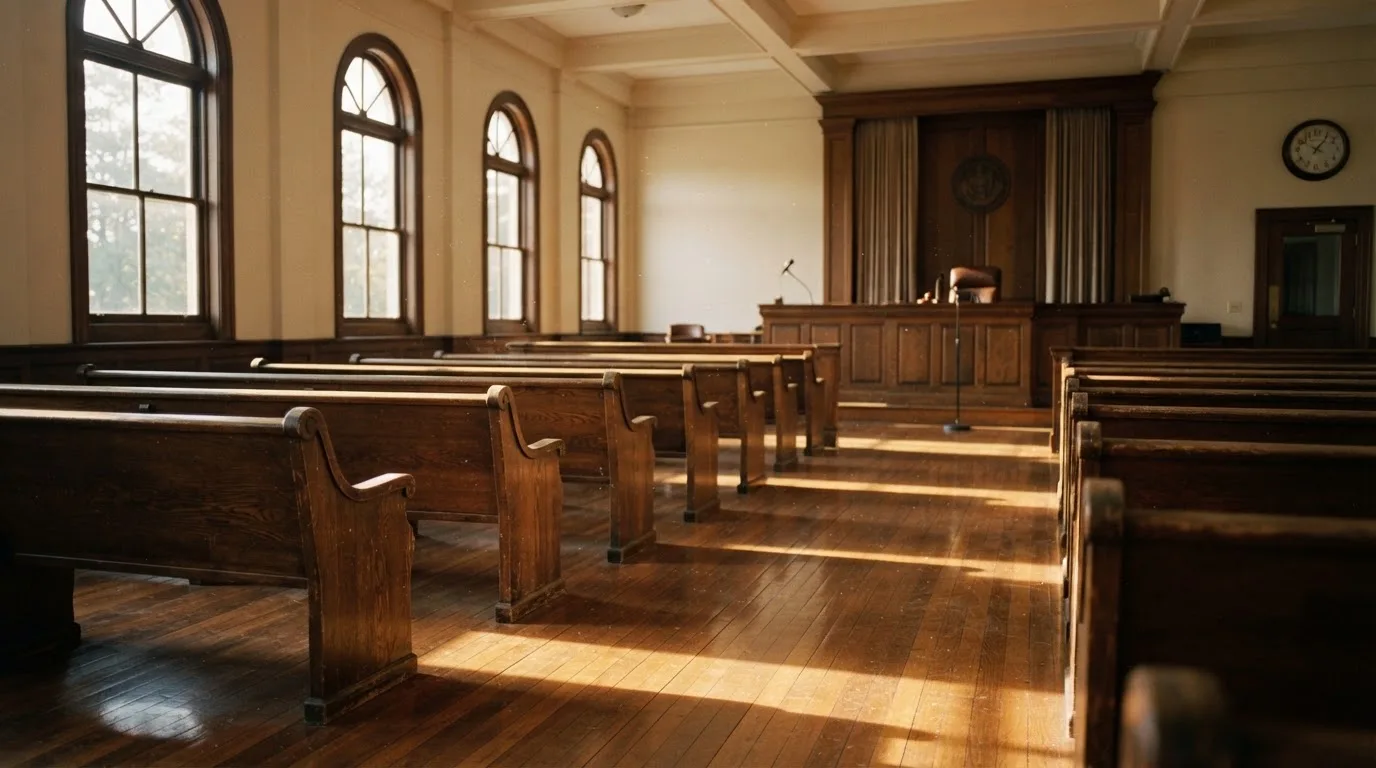 An empty courtroom with wooden benches in morning light