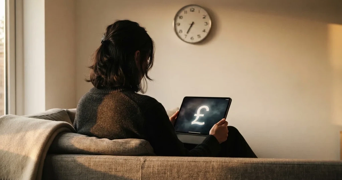 A person on a sofa looking thoughtfully at a tablet, a wall clock in the background