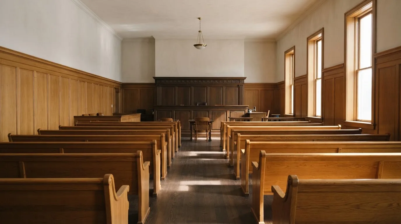 An empty courtroom with wooden benches in morning light