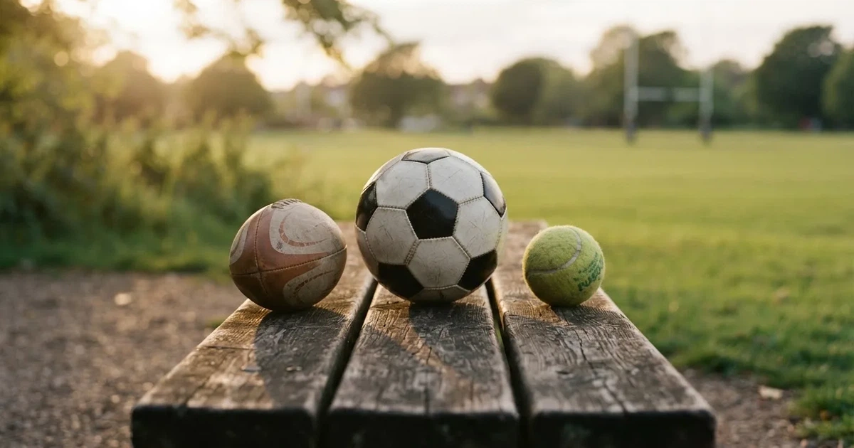Three balls of different kinds side by side on a wooden bench