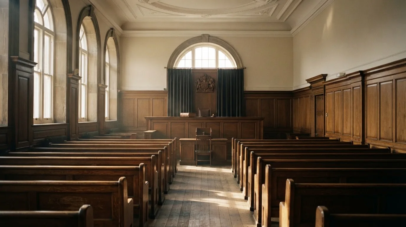 An empty courtroom with wooden benches in morning light