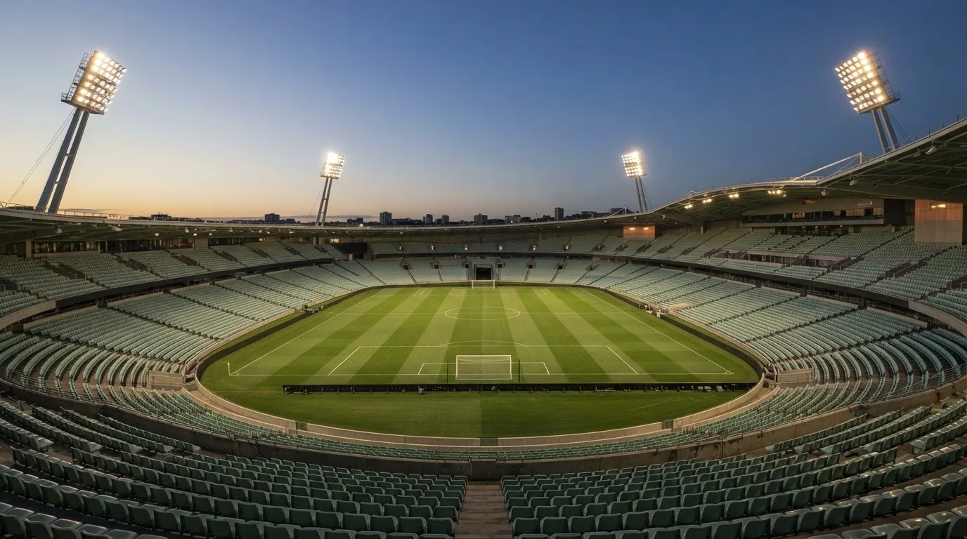 An empty football stadium with floodlight masts at dusk