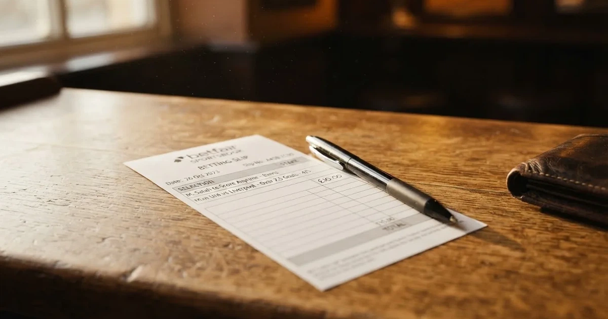 A blank paper betting slip beside a pen on a wooden counter