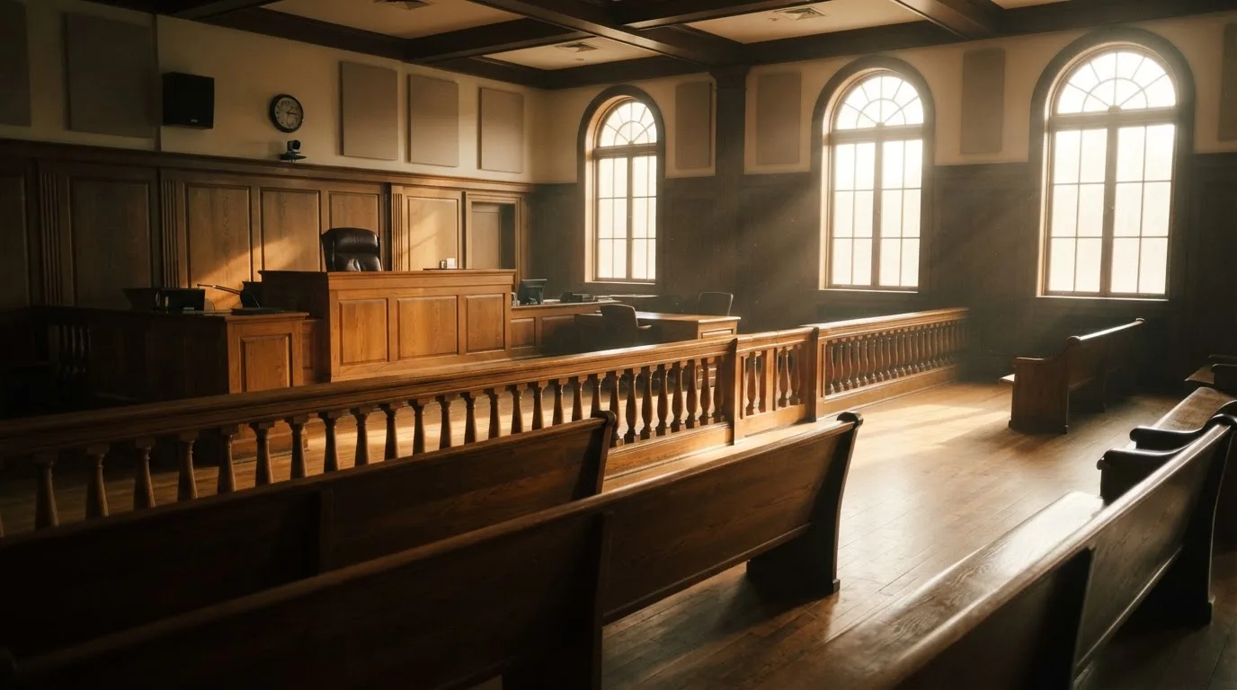 An empty courtroom with wooden benches in morning light