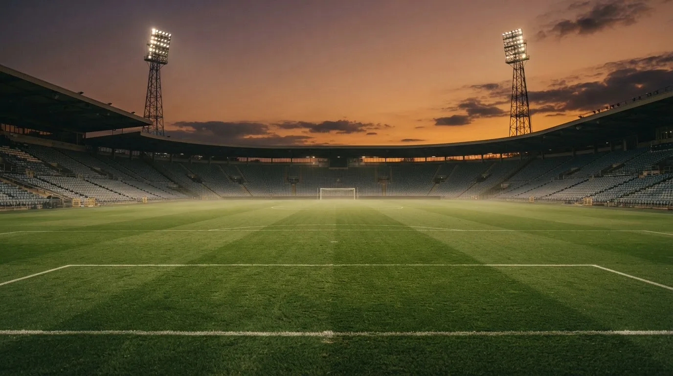 An empty football stadium with floodlight masts at dusk