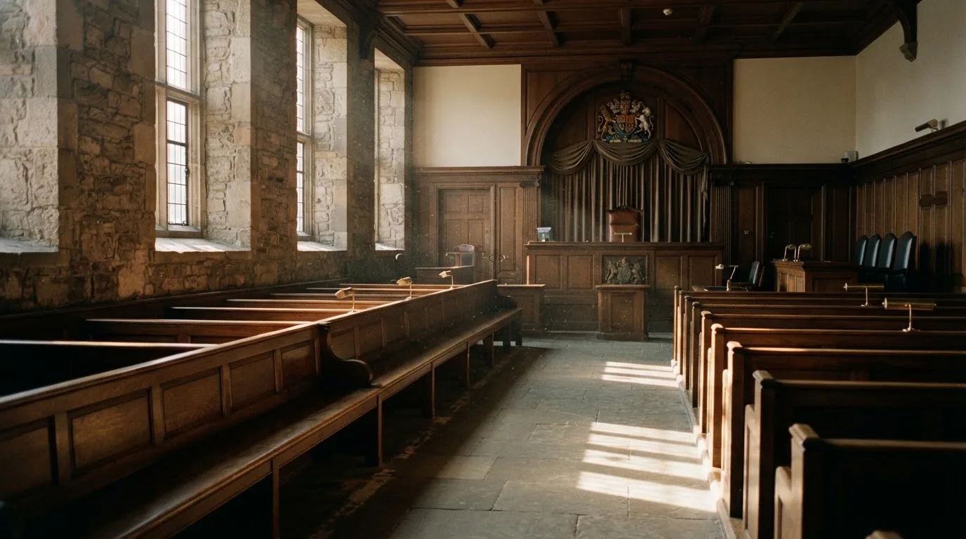 An empty courtroom with wooden benches in morning light