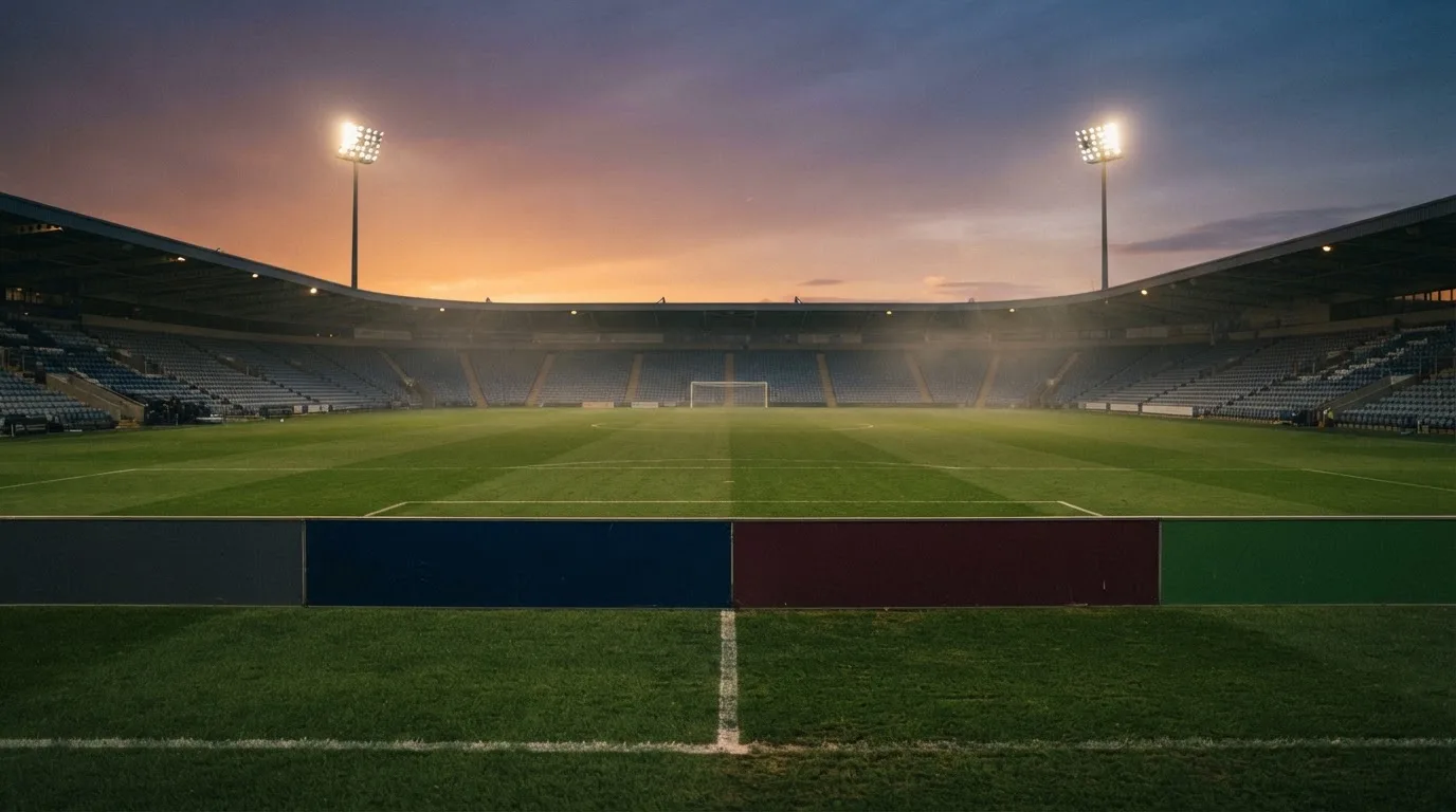 An empty football stadium with floodlight masts at dusk