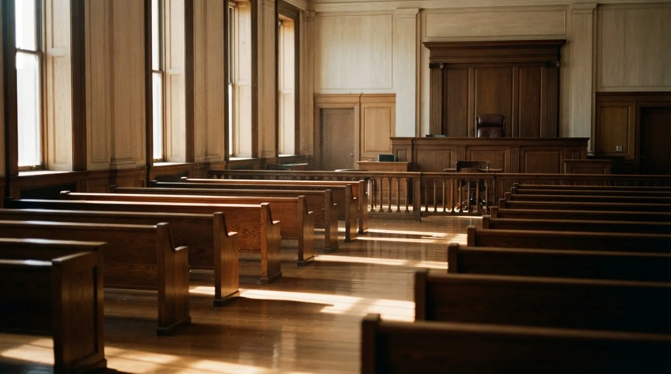 An empty courtroom with wooden benches in morning light