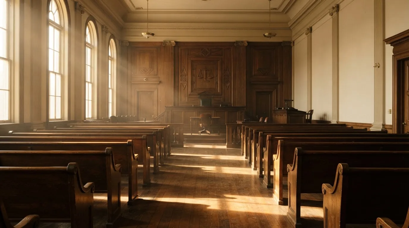 An empty courtroom with wooden benches in morning light