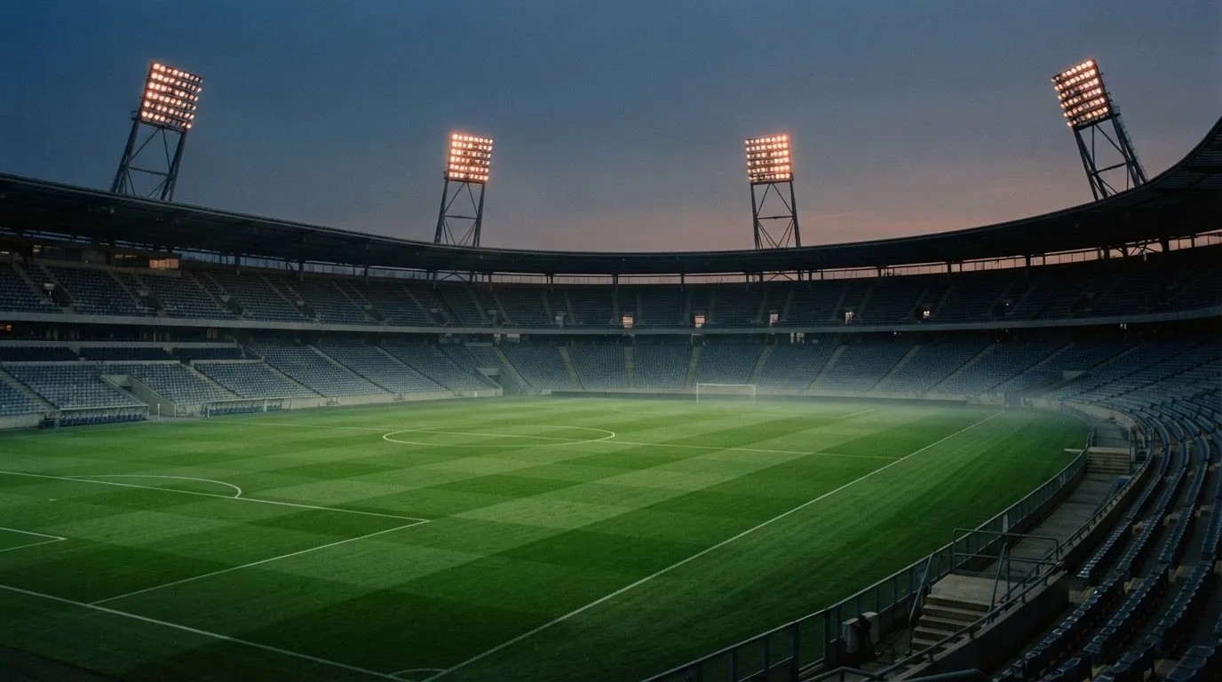 An empty football stadium with floodlight masts at dusk