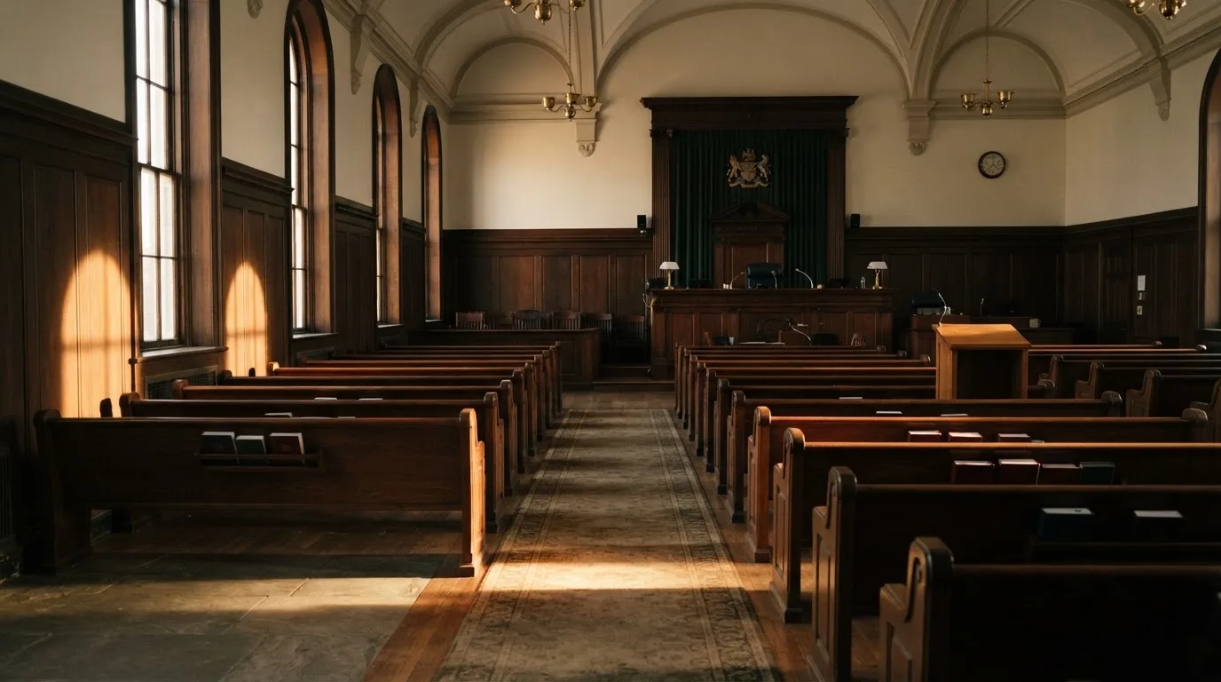 An empty courtroom with wooden benches in morning light