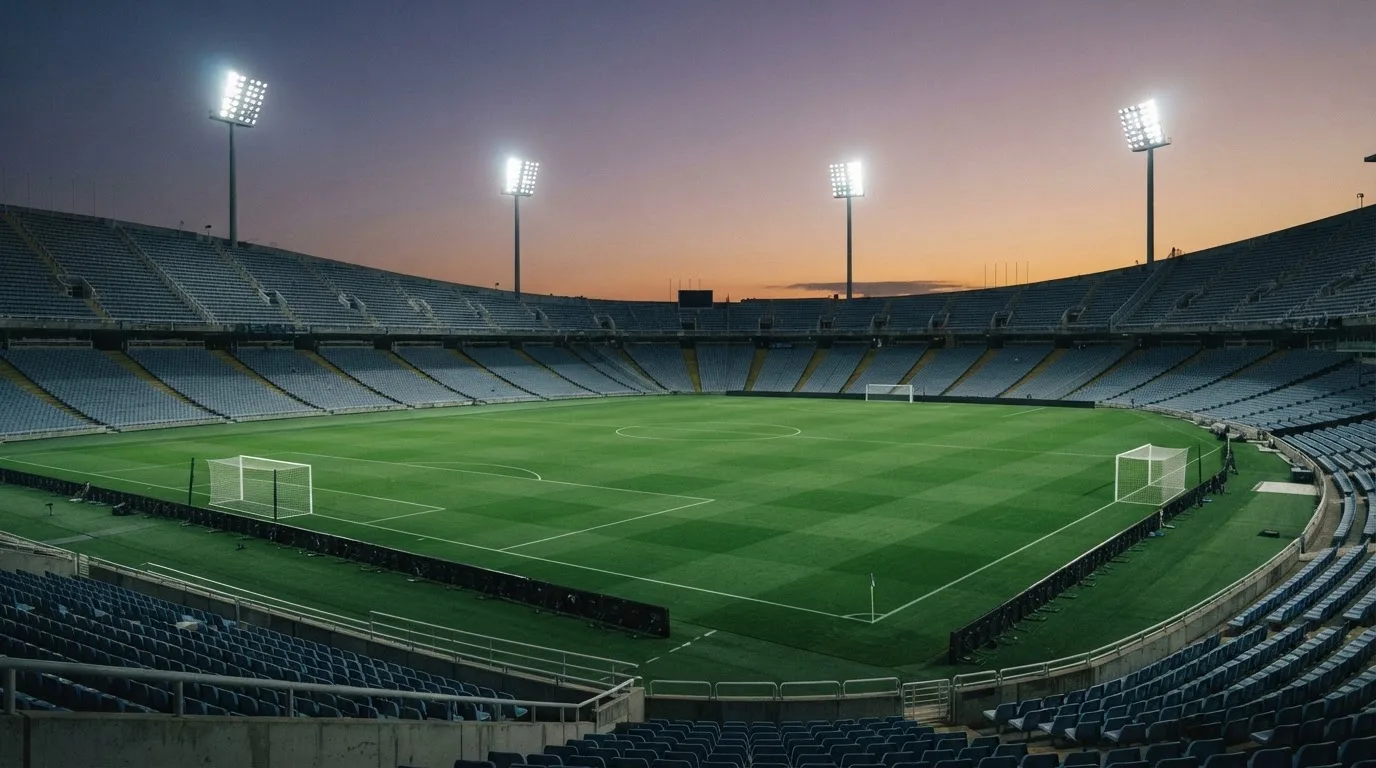 An empty football stadium with floodlight masts at dusk