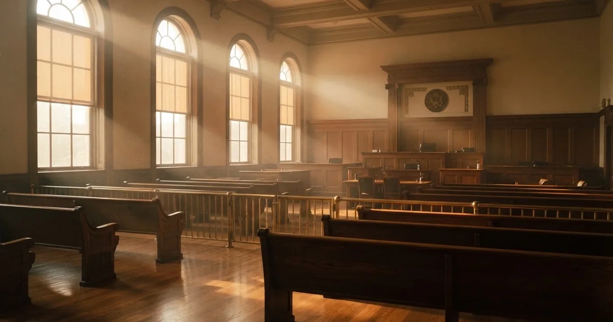 An empty courtroom with wooden benches in morning light