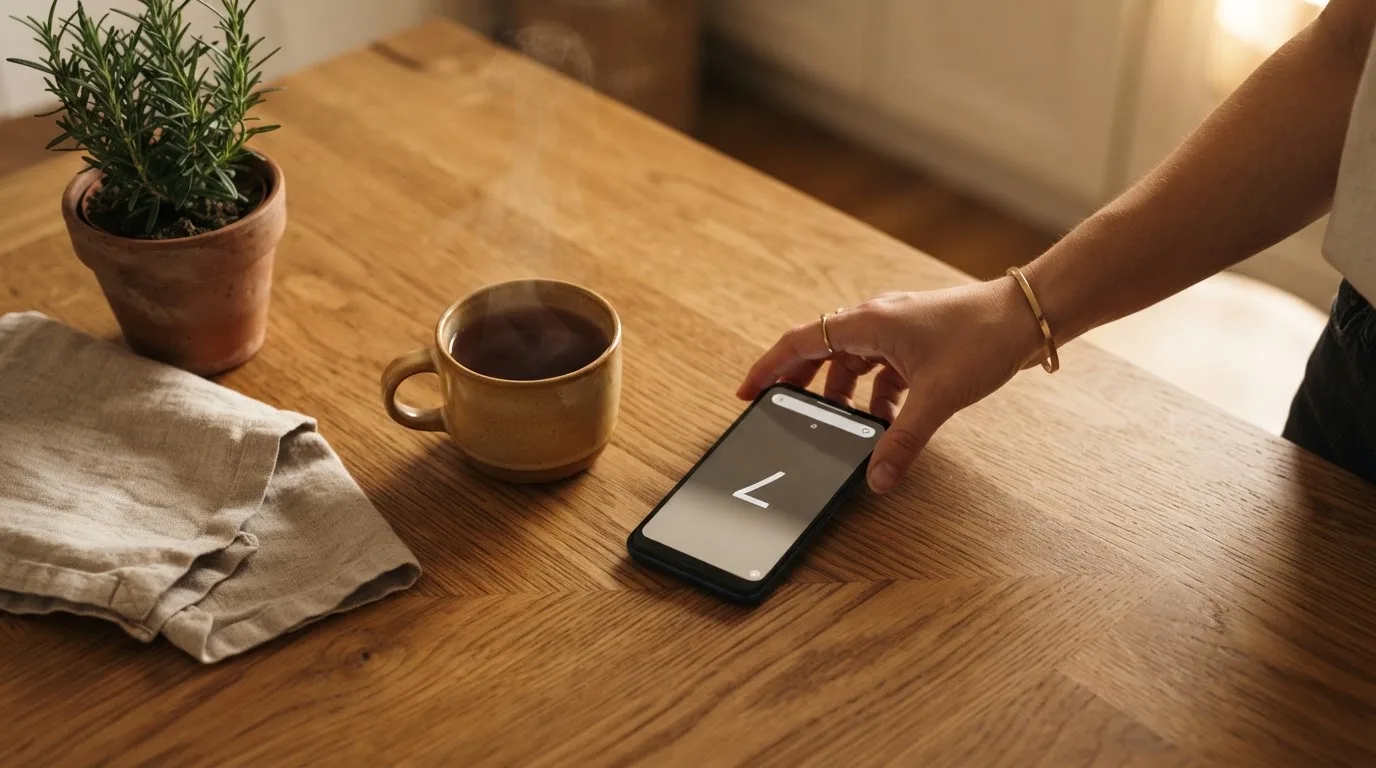 A hand setting a smartphone down beside a cup of tea on a kitchen table on a quiet evening