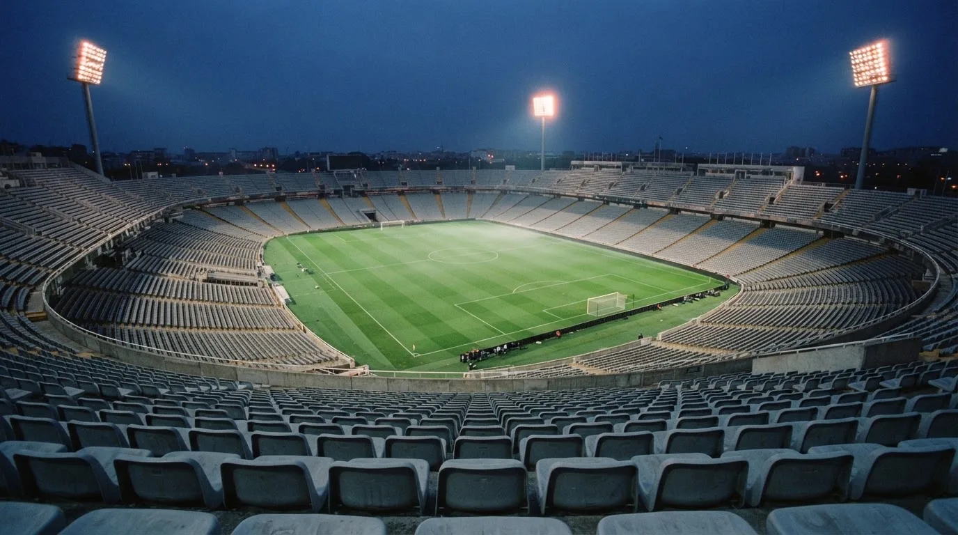 An empty football stadium with floodlight masts at dusk