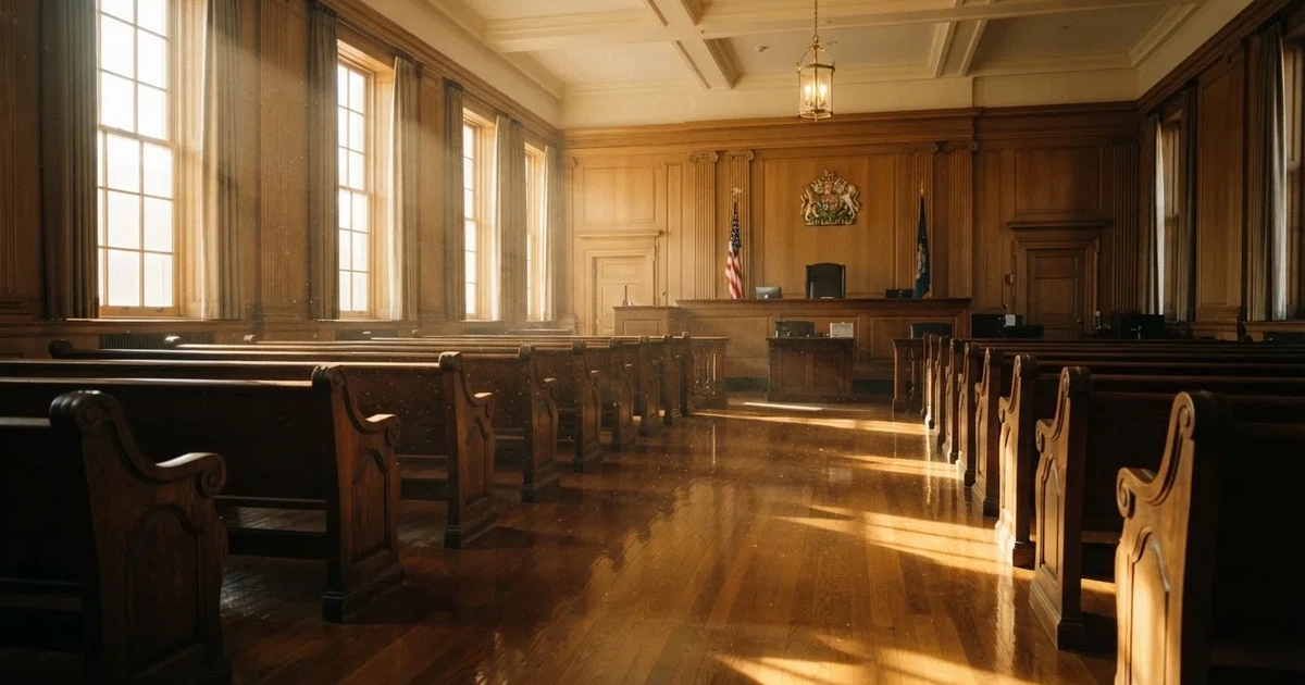 An empty courtroom with wooden benches in morning light