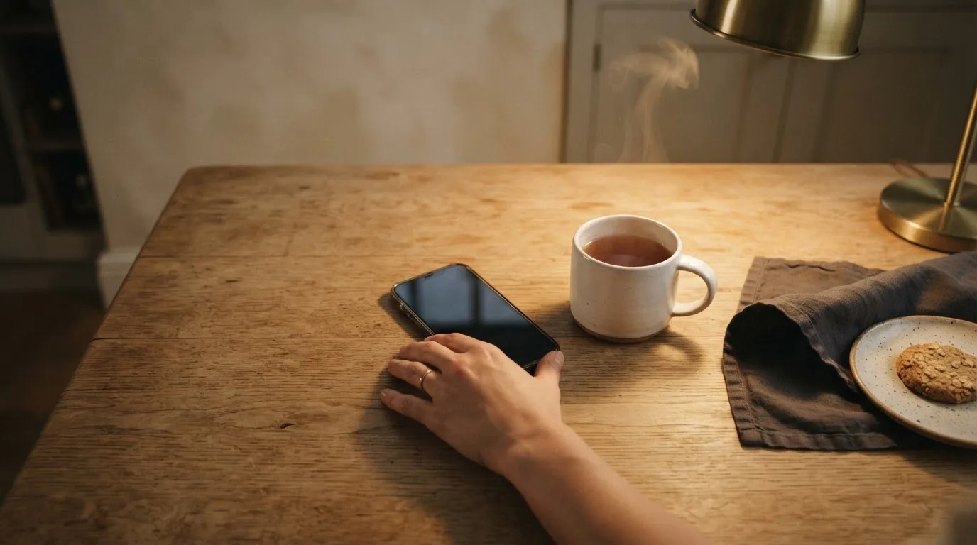 A hand setting a smartphone down beside a cup of tea on a kitchen table on a quiet evening
