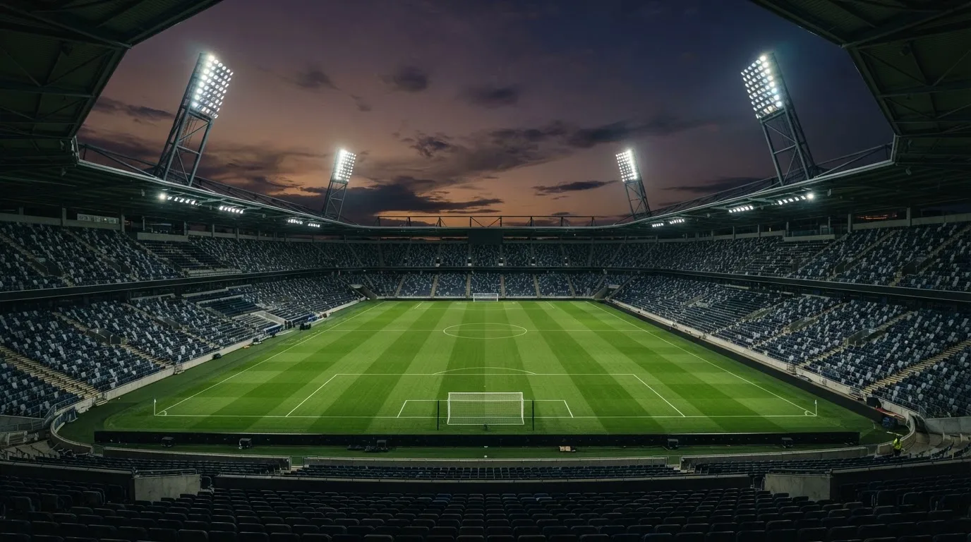 An empty football stadium with floodlight masts at dusk